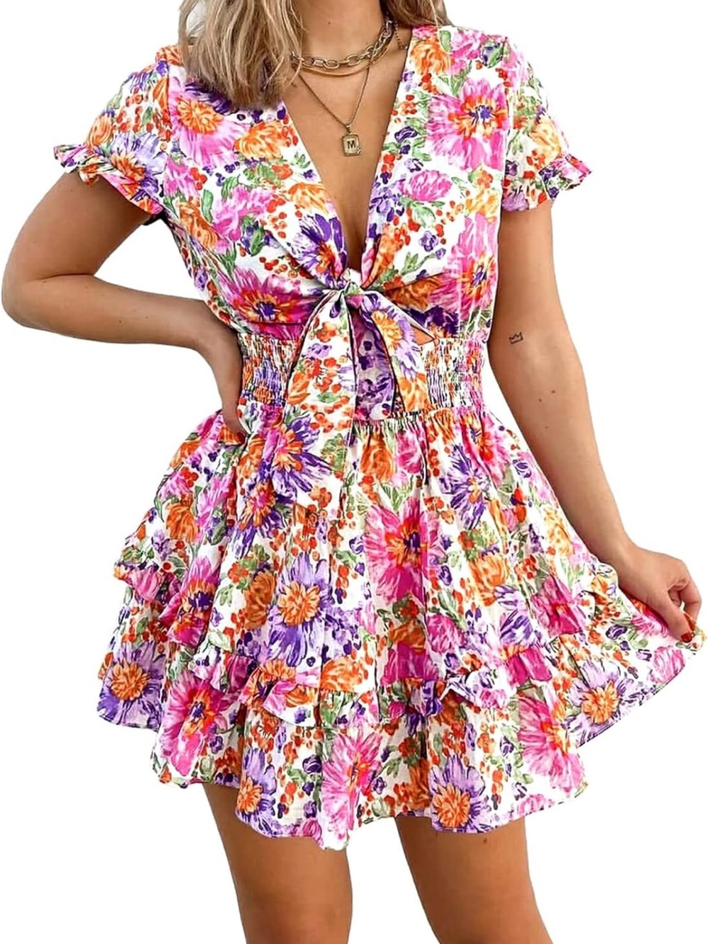 NWT PrettyGarden Floral Tie Front Ruffle Mini Dress Size M